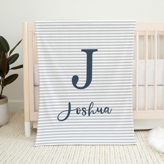 Navy and Grey Blanket - Cursive Font Personalized Baby Blanket With Name TheGracefulGoose