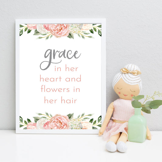 Dark Blush & Grey Floral Nursery Art Print - Grace In Her Heart