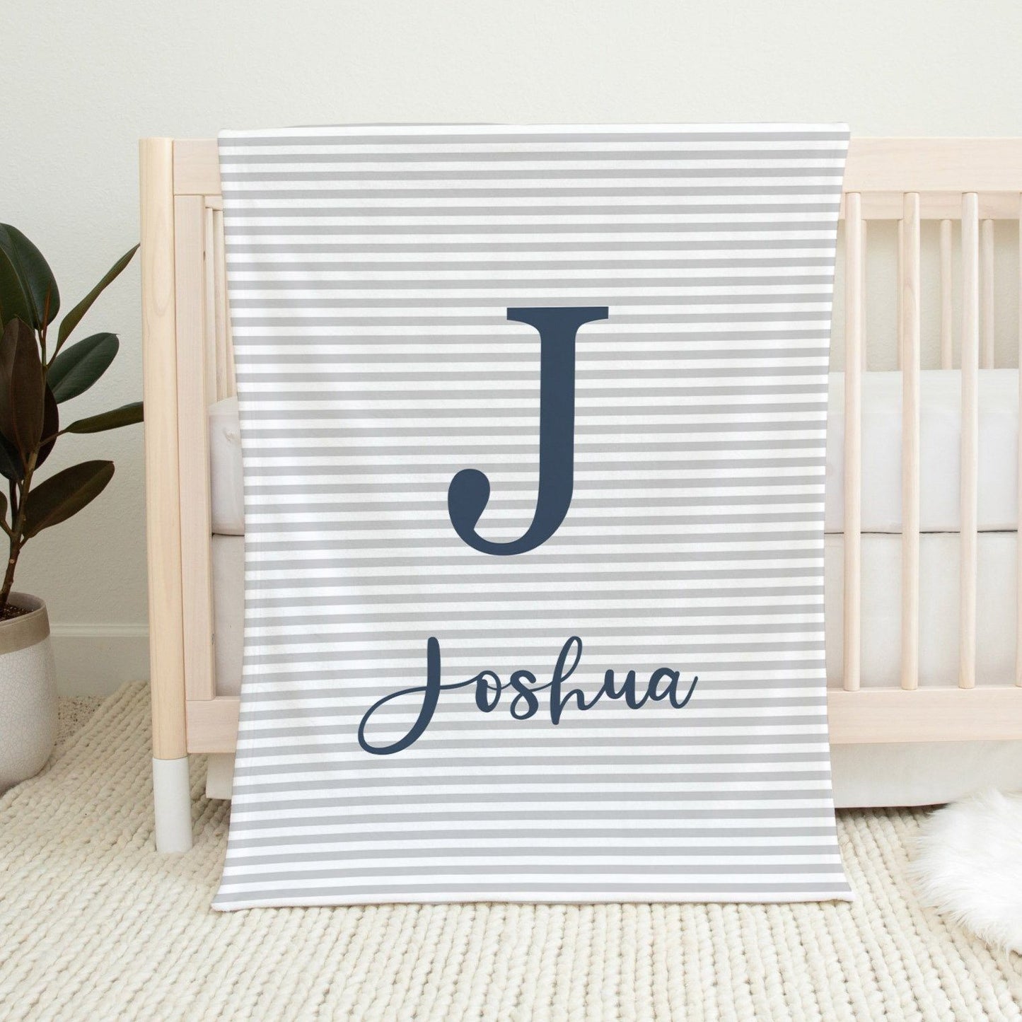 Navy and Grey Blanket - Cursive Font Personalized Baby Blanket With Name TheGracefulGoose