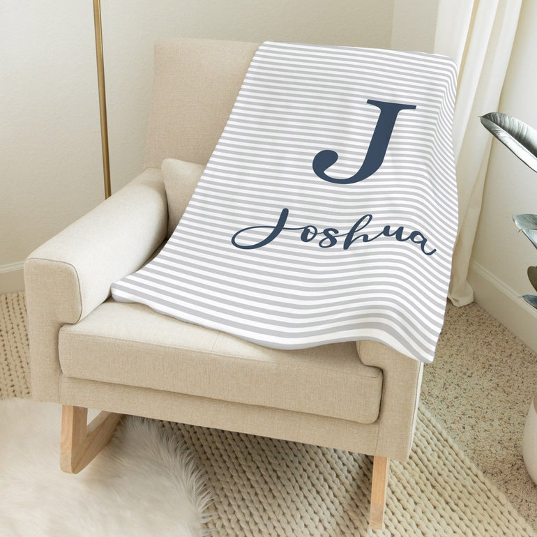 Navy and Grey Blanket - Cursive Font Personalized Baby Blanket With Name TheGracefulGoose