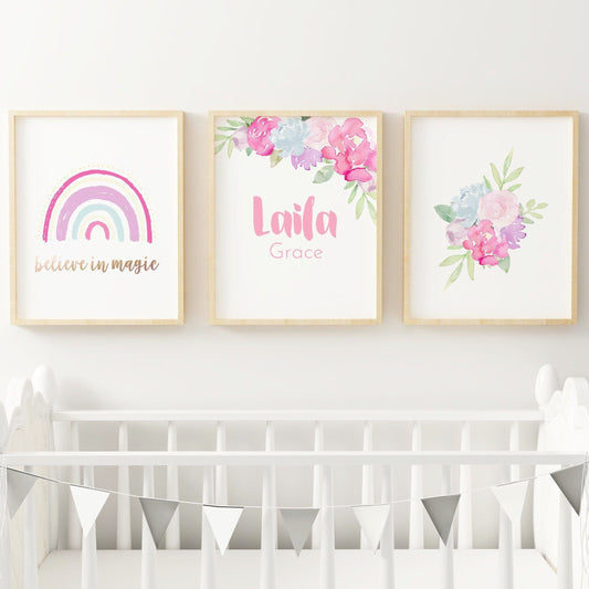 Bright Pink Rainbow Nursery Wall Art Set